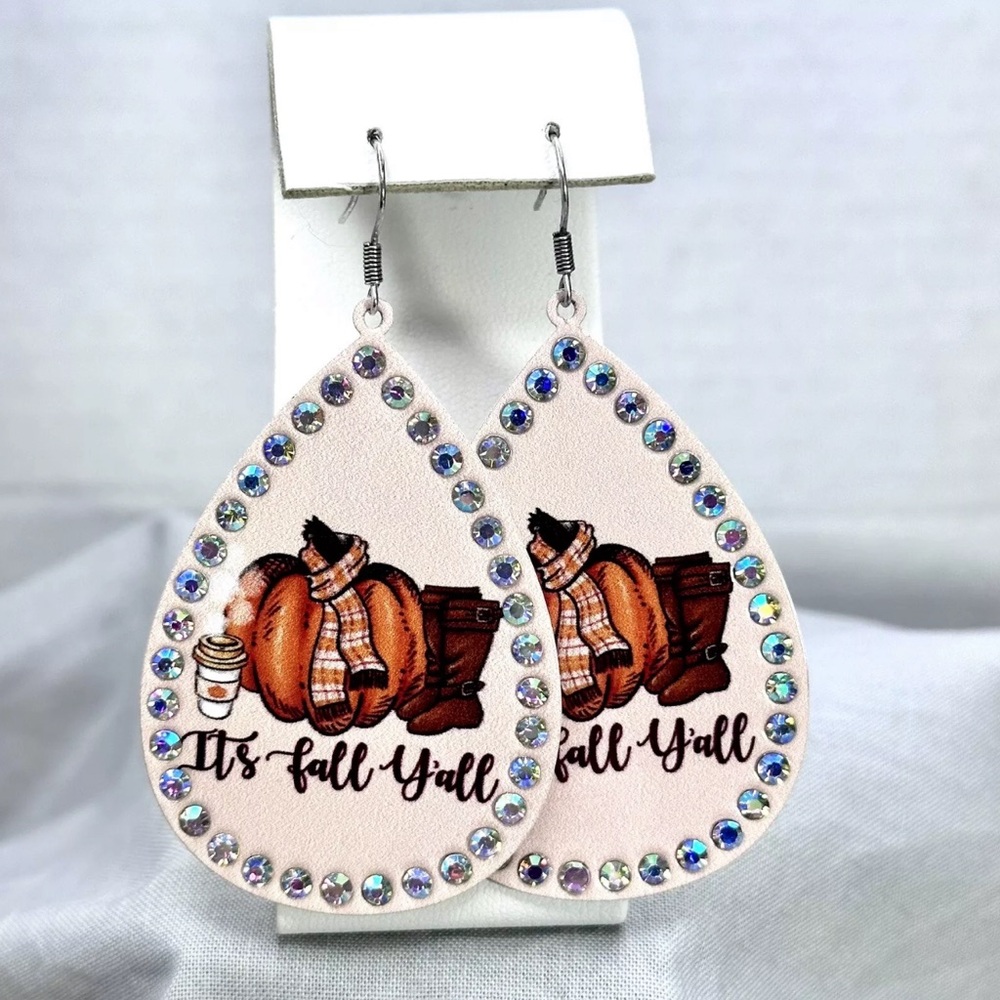 Fall Pumpkin Earrings Coffee Bling Teardrop 2” Long